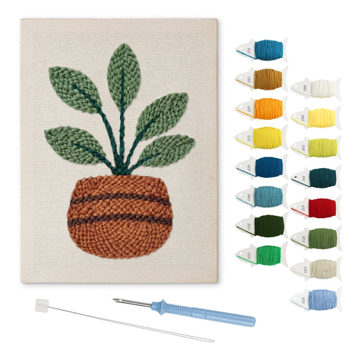 Broad Leaf Pot punch needle kit: finished canvas with threads, punch needle and threader