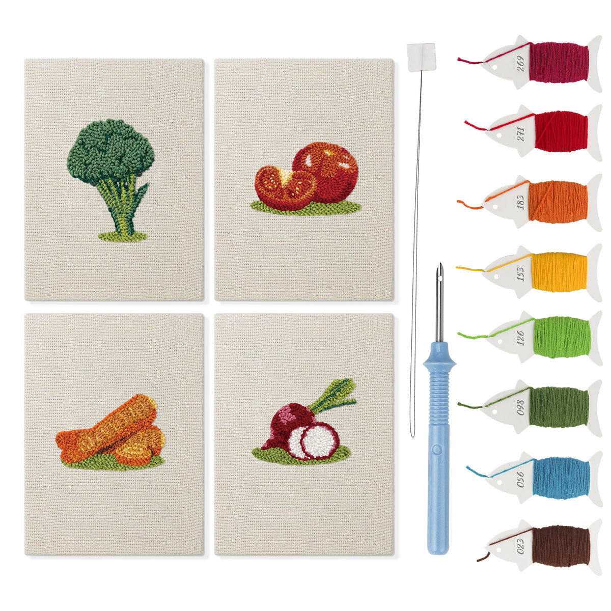 Broccoli Radish Bunch mini punch needle kit set: four finished canvases with threads, punch needle and threader