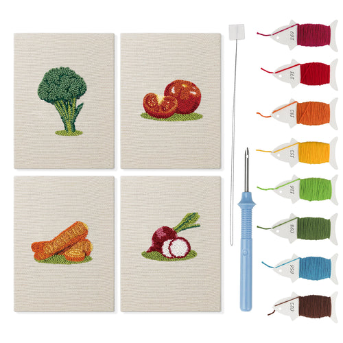 Broccoli Radish Bunch mini punch needle kit set: four finished canvases with threads, punch needle and threader