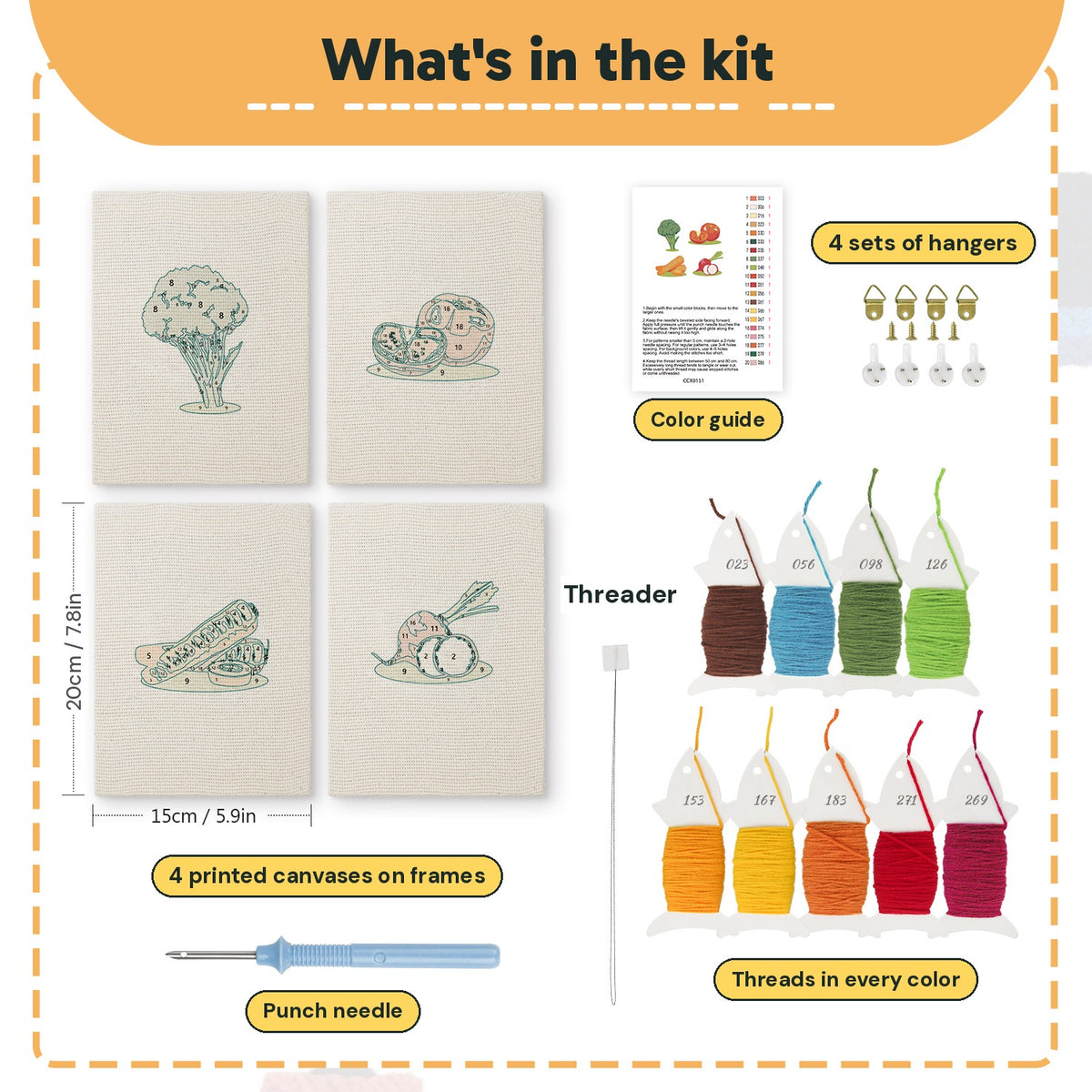 What is in the Broccoli Radish Bunch set: 4 printed canvases, punch needle, threader, threads, color guide and 4 sets of hangers (6 × 8 in (15 × 20 cm) each)
