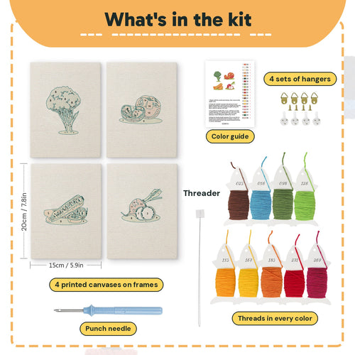 What is in the Broccoli Radish Bunch set: 4 printed canvases, punch needle, threader, threads, color guide and 4 sets of hangers (6 × 8 in (15 × 20 cm) each)
