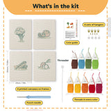 What is in the Broccoli Radish Bunch set, 8 × 12 in (20 × 30 cm) each: 4 printed canvases, punch needle, threader, threads, color guide and 4 sets of hangers