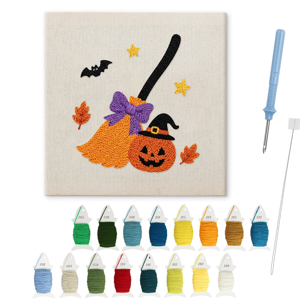 Broom and Pumpkin punch needle kit: finished canvas with threads, punch needle and threader