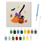Broom and Pumpkin punch needle kit: finished canvas with threads, punch needle and threader