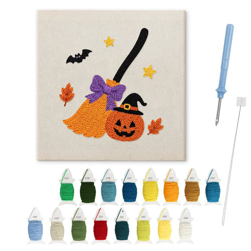 Broom and Pumpkin punch needle kit: finished canvas with threads, punch needle and threader