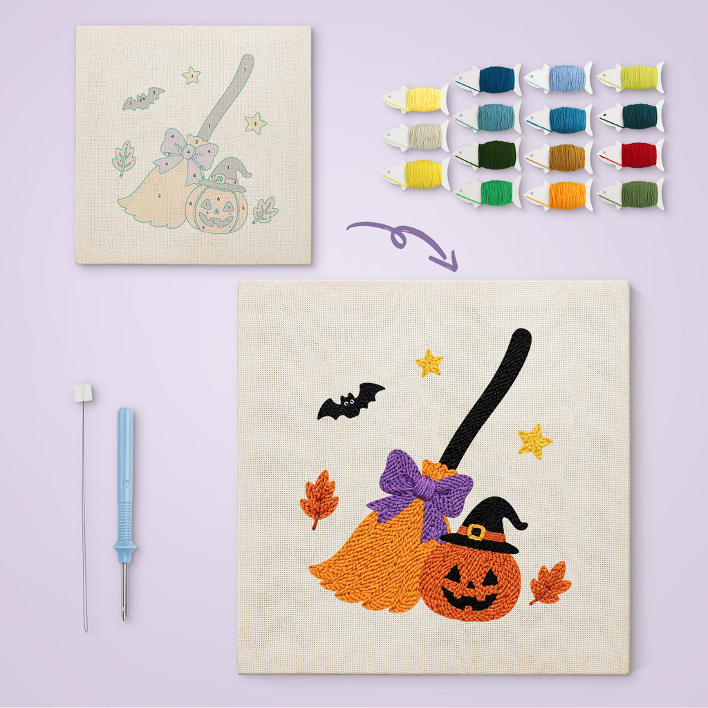Broom and Pumpkin canvas before and after punching, with the threads and tools