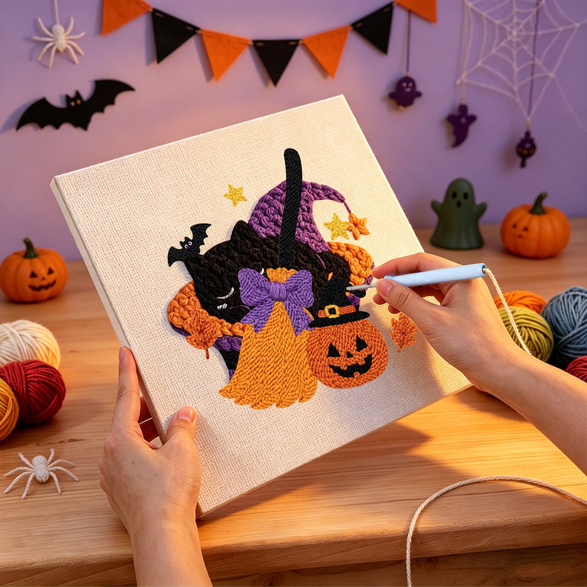 Punching the Broom and Pumpkin design with the punch needle