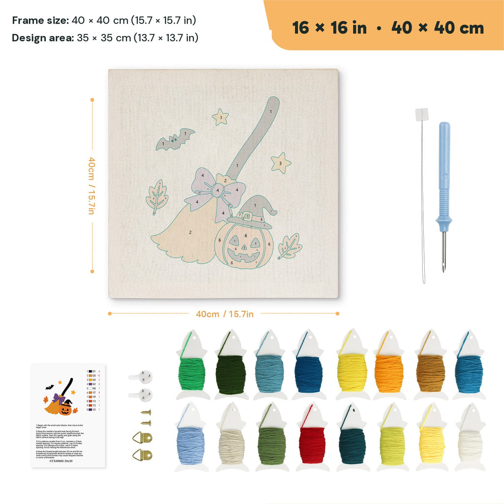 Broom and Pumpkin punch needle kit, 16 × 16 in (40 × 40 cm): canvas size and kit contents