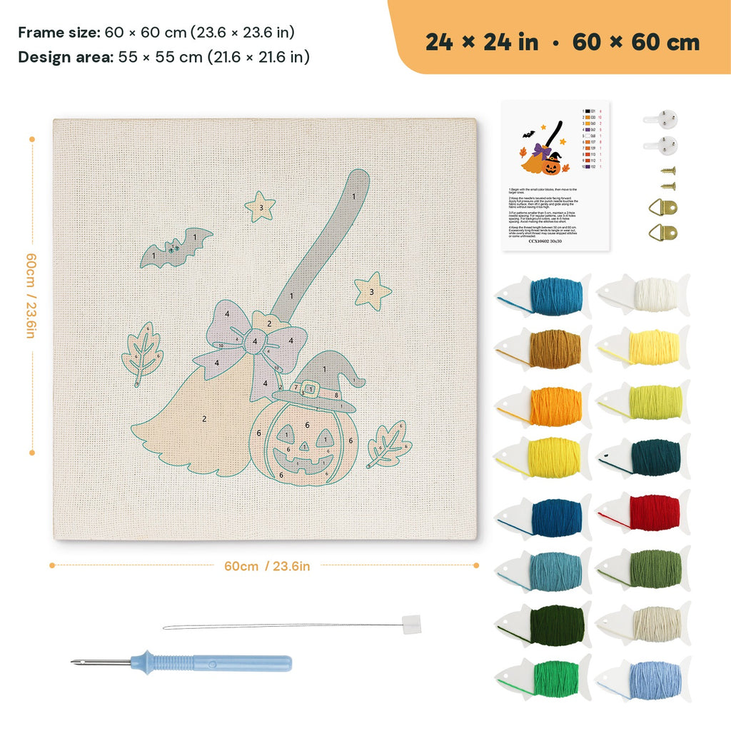 Broom and Pumpkin punch needle kit, 24 × 24 in (60 × 60 cm): canvas size and kit contents