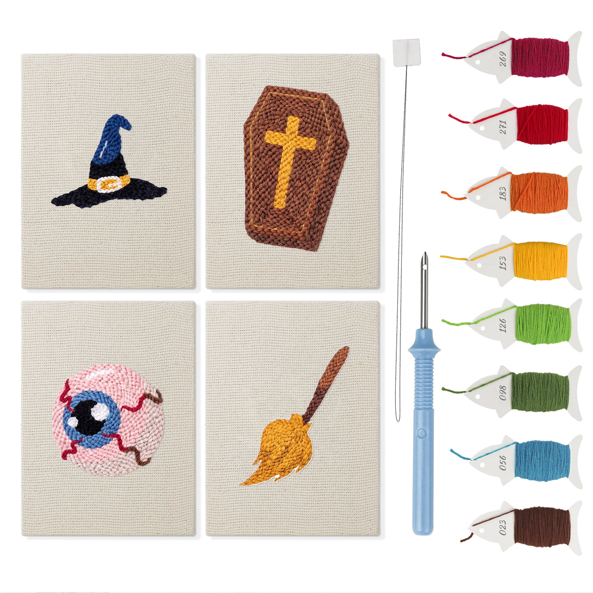 Broomstick and Hat mini punch needle kit set: four finished canvases with threads, punch needle and threader