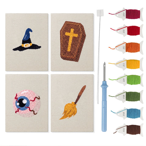 Broomstick and Hat mini punch needle kit set: four finished canvases with threads, punch needle and threader