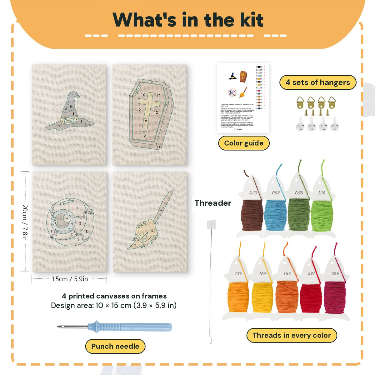 What is in the Broomstick and Hat set: 4 printed canvases, punch needle, threader, threads, color guide and 4 sets of hangers (6 × 8 in (15 × 20 cm) each)