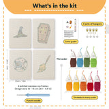 What is in the Broomstick and Hat set: 4 printed canvases, punch needle, threader, threads, color guide and 4 sets of hangers (6 × 8 in (15 × 20 cm) each)