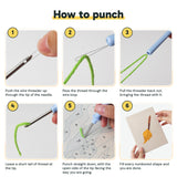 Six steps showing how to thread and use the punch needle