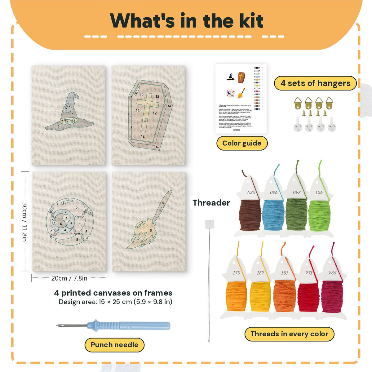 What is in the Broomstick and Hat set, 8 × 12 in (20 × 30 cm) each: 4 printed canvases, punch needle, threader, threads, color guide and 4 sets of hangers