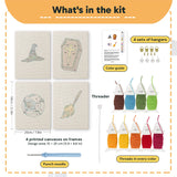 What is in the Broomstick and Hat set, 8 × 12 in (20 × 30 cm) each: 4 printed canvases, punch needle, threader, threads, color guide and 4 sets of hangers