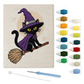 Broomstick Cat in Purple punch needle kit: finished canvas with threads, punch needle and threader