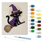 Broomstick Cat in Purple punch needle kit: finished canvas with threads, punch needle and threader
