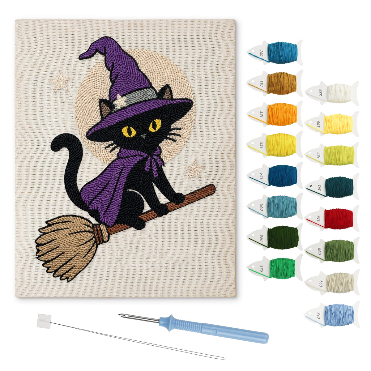 Broomstick Cat in Purple punch needle kit: finished canvas with threads, punch needle and threader