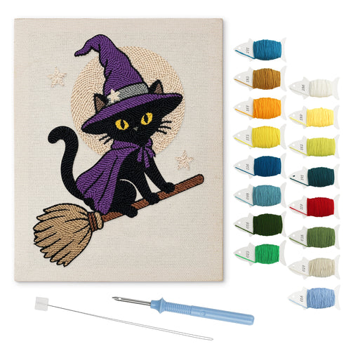 Broomstick Cat in Purple punch needle kit: finished canvas with threads, punch needle and threader