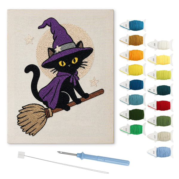 Broomstick Cat in Purple punch needle kit: finished canvas with threads, punch needle and threader
