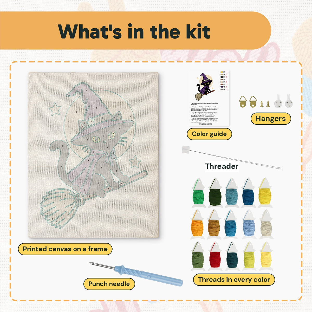 What is in the Broomstick Cat in Purple kit: printed canvas, punch needle, threader, threads, color guide and hangers