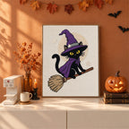 Finished Broomstick Cat in Purple punch needle canvas on a wall
