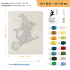 Broomstick Cat in Purple punch needle kit, 16 × 20 in (40 × 50 cm): canvas size and kit contents