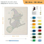Broomstick Cat in Purple punch needle kit, 20 × 24 in (50 × 60 cm): canvas size and kit contents
