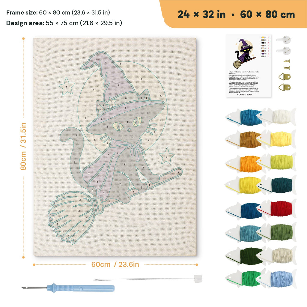 Broomstick Cat in Purple punch needle kit, 24 × 32 in (60 × 80 cm): canvas size and kit contents