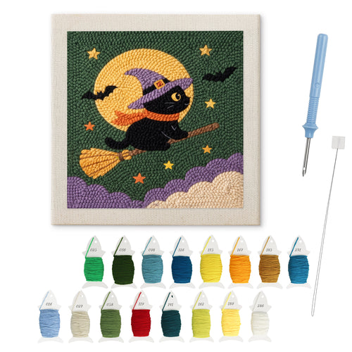 Broomstick Cat punch needle kit: finished canvas with threads, punch needle and threader