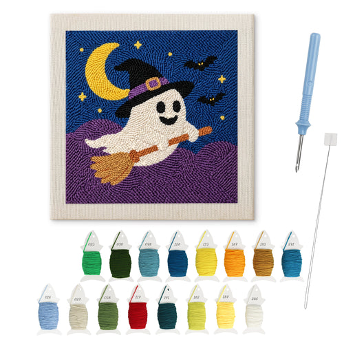 Broomstick Ghost punch needle kit: finished canvas with threads, punch needle and threader