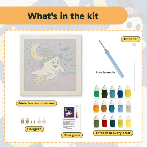 What is in the Broomstick Ghost kit: printed canvas, punch needle, threader, threads, color guide and hangers