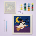 Broomstick Ghost canvas before and after punching, with the threads and tools