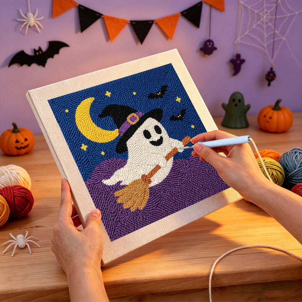 Punching the Broomstick Ghost design with the punch needle