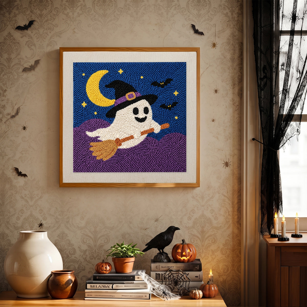 Finished Broomstick Ghost punch needle canvas on a wall