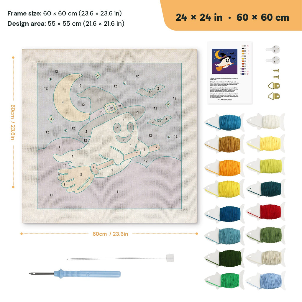 Broomstick Ghost punch needle kit, 24 × 24 in (60 × 60 cm): canvas size and kit contents