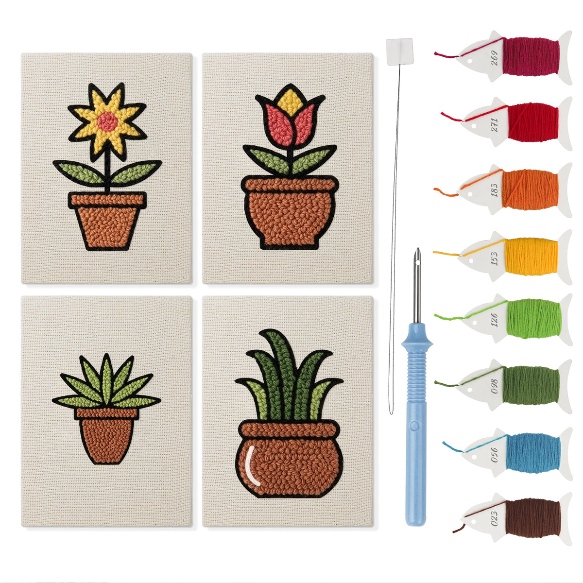 Brown Pot Blooms mini punch needle kit set: four finished canvases with threads, punch needle and threader