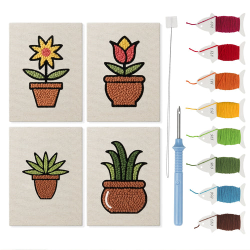 Brown Pot Blooms mini punch needle kit set: four finished canvases with threads, punch needle and threader