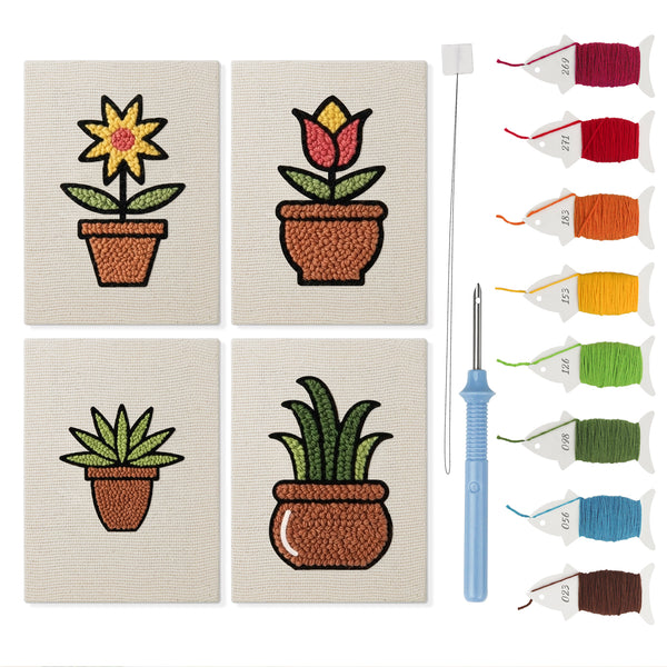 Brown Pot Blooms mini punch needle kit set: four finished canvases with threads, punch needle and threader