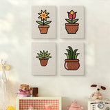The four Brown Pot Blooms mini canvases on a wall above a shelf
