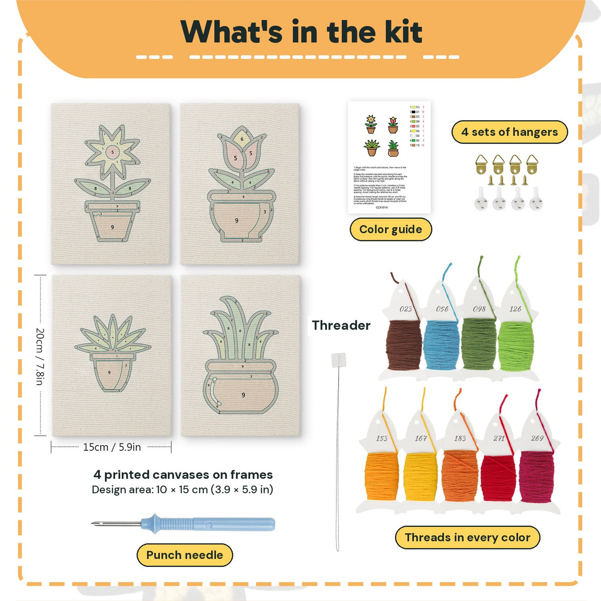 What is in the Brown Pot Blooms set: 4 printed canvases, punch needle, threader, threads, color guide and 4 sets of hangers (6 × 8 in (15 × 20 cm) each)