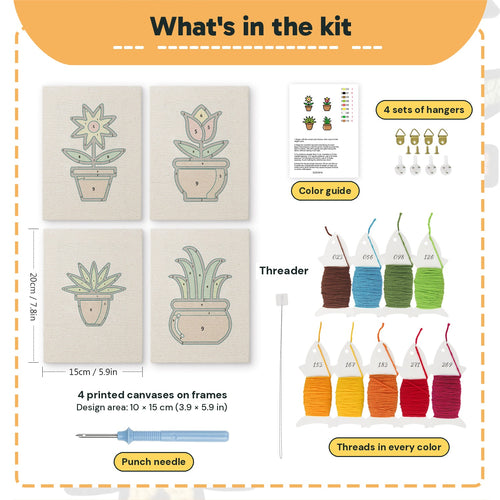 What is in the Brown Pot Blooms set: 4 printed canvases, punch needle, threader, threads, color guide and 4 sets of hangers (6 × 8 in (15 × 20 cm) each)