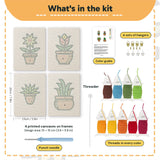What is in the Brown Pot Blooms set: 4 printed canvases, punch needle, threader, threads, color guide and 4 sets of hangers (6 × 8 in (15 × 20 cm) each)