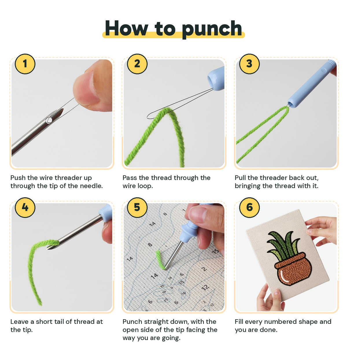Six steps showing how to thread and use the punch needle