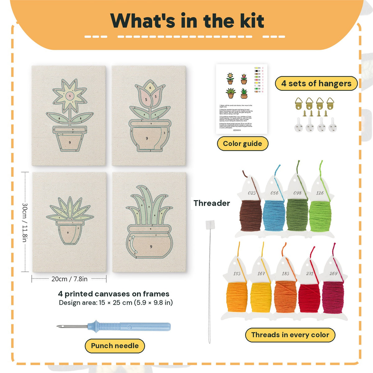 What is in the Brown Pot Blooms set, 8 × 12 in (20 × 30 cm) each: 4 printed canvases, punch needle, threader, threads, color guide and 4 sets of hangers