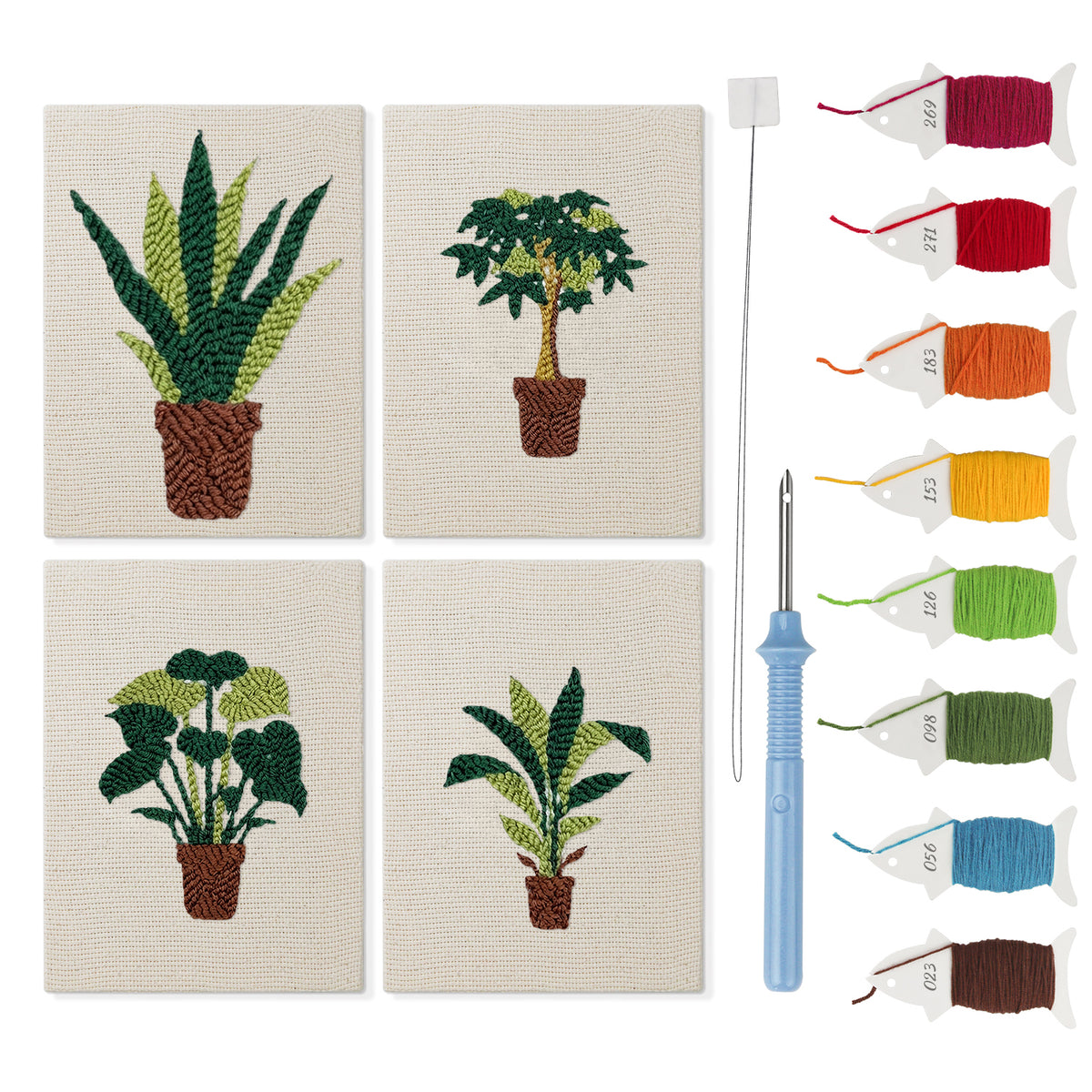 Brown Pot Jungle mini punch needle kit set: four finished canvases with threads, punch needle and threader