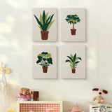 The four Brown Pot Jungle mini canvases on a wall above a shelf