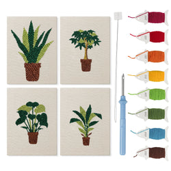 Brown Pot Jungle mini punch needle kit set: four finished canvases with threads, punch needle and threader