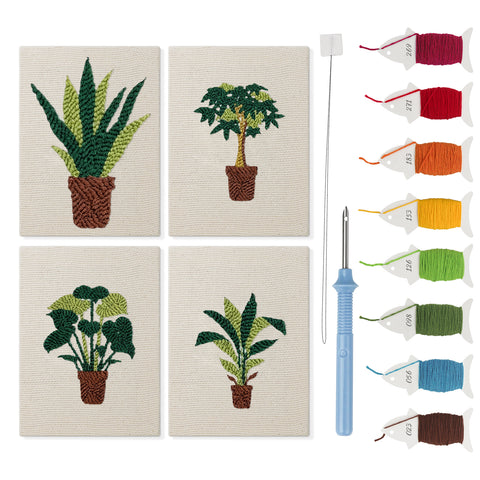 Brown Pot Jungle mini punch needle kit set: four finished canvases with threads, punch needle and threader